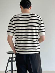DAZY Camiseta de punto de verano para hombre con estampado de rayas - Beis - Ver 2
