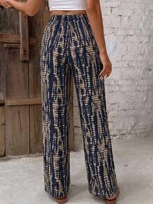 SHEIN Frenchy Women's Navy Blue Waist Tie Loose Casual Boho Long Pants For Vacation Beach Autumn - Navy Blue - View 2