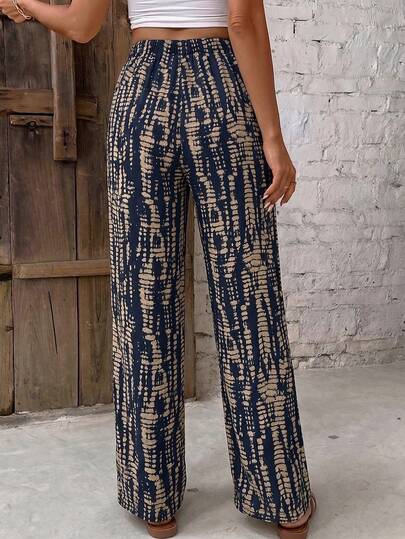 SHEIN Frenchy Women's Navy Blue Waist Tie Loose Casual Boho Long Pants For Vacation Beach Autumn