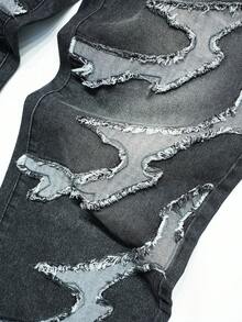 Manfinity Roughcore Men's Gothic Street Style Distressed Fringe Washed Straight Leg Wide Jeans - Black - View 3