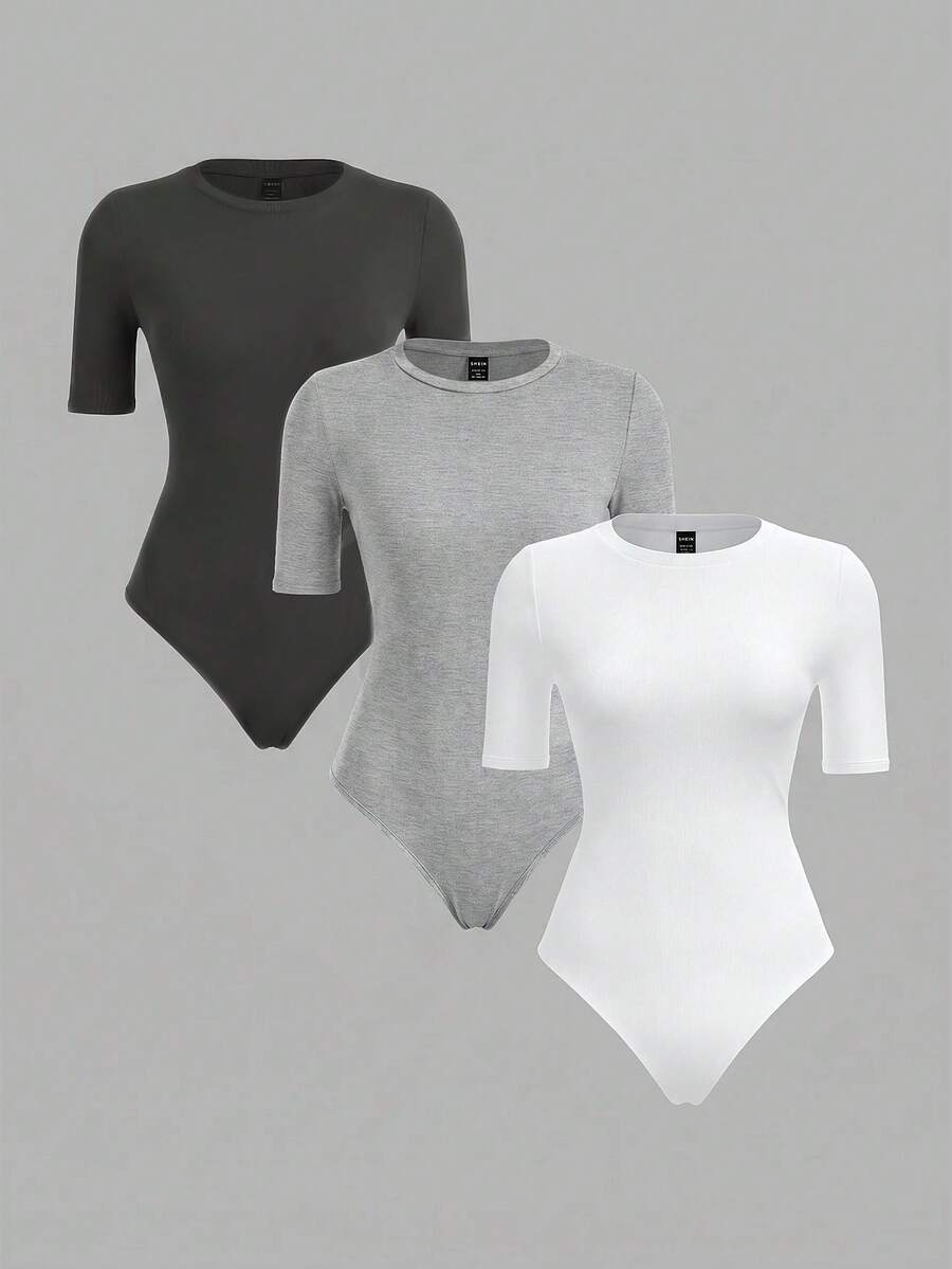 SHEIN BASICS 3件組休閒素色針織圓領短袖貼身女款連身衣 - 彩色 - 查看 1