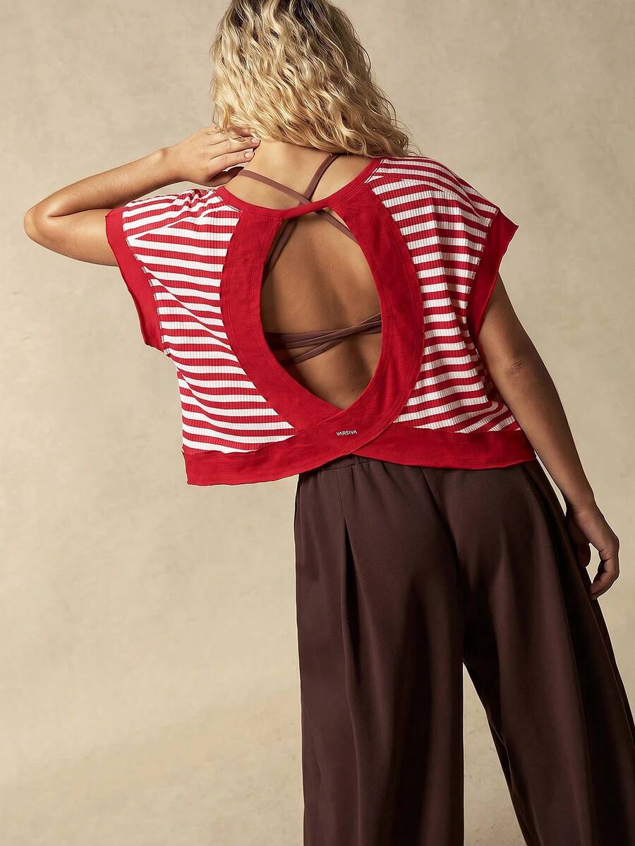 VARSITIE Women's Summer Casual Athleisure Red And White Stripe Back Cut-Out Batwing Sleeve Sports T-Shirt Gym - Multicolor - View 1