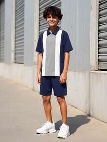 SHEIN 2pcs/Set Teen Boy Casual Collegiate Color Block Polo Shirt & Shorts Set, Suitable For Commuting, - Navy Blue - View 7