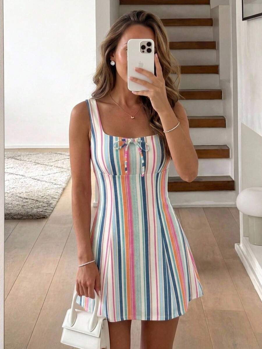SHEIN LUNE Đầm mini nữ hai dây nơ sọc nhiều màu - Nhiều màu - Xem 1