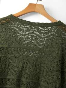 SHEIN LUNE CURVE Cardigan Ukuran Besar Elegan dengan Detail Lubang, Lengan 3/4, Leher Bulat, dan Pita untuk Musim Gugur - Hijau Tentara - View 3