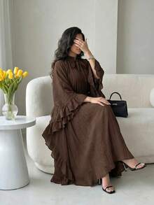 Al Najma Gaun Arab Longgar Lengan Lonceng Kerah Warna Polos untuk Wanita - Coklat - View 6