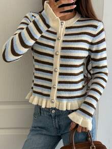 DAZY Women's Striped Long Sleeve Single-Breasted Casual Knit Cardigan Cute Tops - Blue - View 5