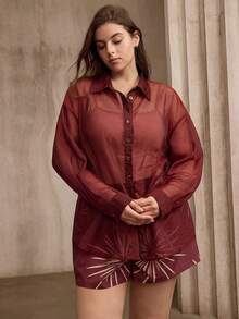 Flouryn Plus Size Elegant Commuter Solid Color Sheer Blouse & Floral Print Shorts 2-Piece Set Fall - Coffee Brown - View 5