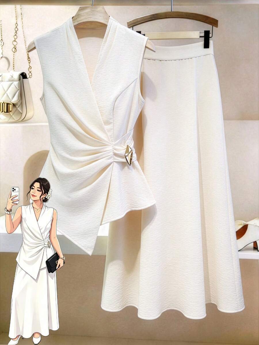 GlowEve CURVE Women's Elegant White Summer Asymmetric Sleeveless Pleated Metal Button Skirt Two Pieces Set,Curve Cocktail Semi Formal Party Suit For Weddings - Multicolor - View 1