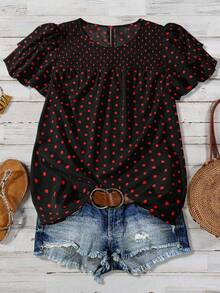 Linhara Women's Plus Size Polka Dot Ruched Double Layer Sleeve Casual Daily Blouse - Black - View 1