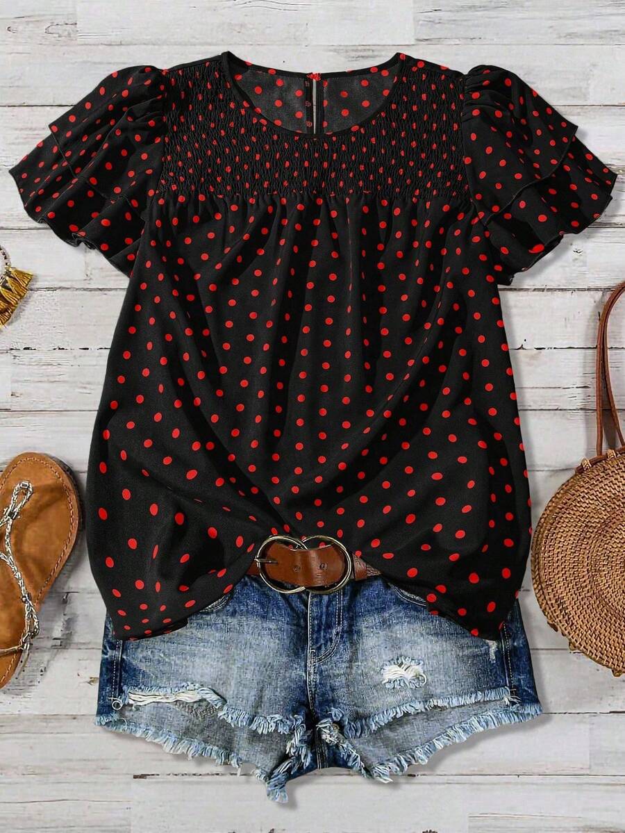 Linhara Women's Plus Size Polka Dot Ruched Double Layer Sleeve Casual Daily Blouse - Black - View 1