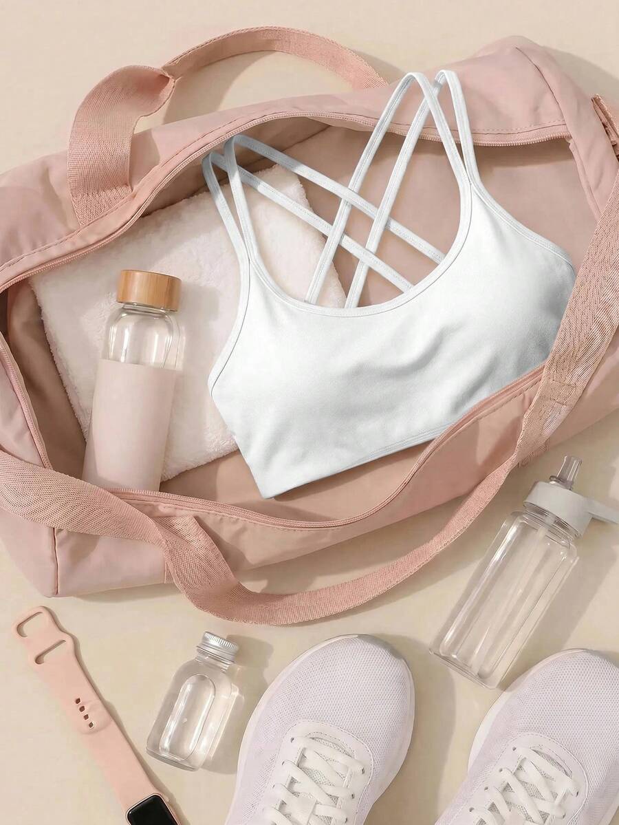 SHEIN Cheerettes 女士纯色休闲日常运动文胸 - 白色 - 查看 1