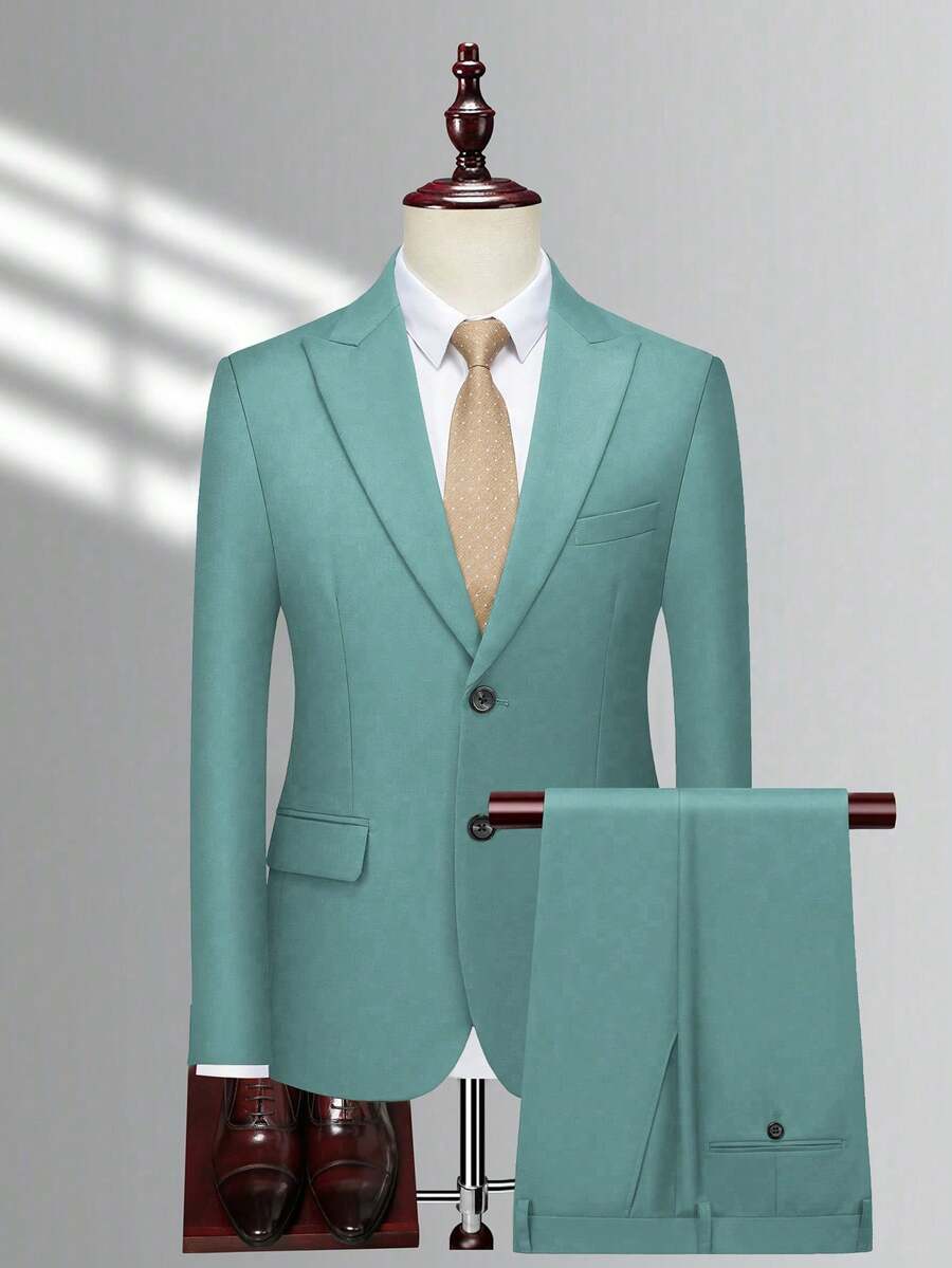 Manfinity Mode Men's Solid Color Mandarin Collar Long Sleeve Jacket And Pants Suit Set - Teal Blue - View 1