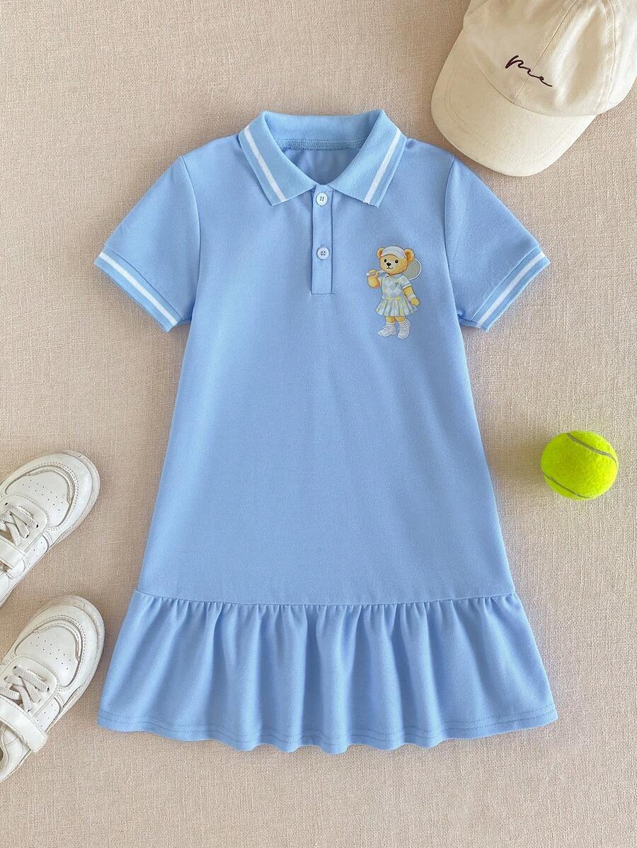 PrepCrw 1件儿童/少女优雅休闲校园风宽松可爱小熊图案蓝色针织短袖polo领连衣裙,适合日常穿着、返校、郊游、聚会、运动、春夏季节。 - 藍色 - 查看 1