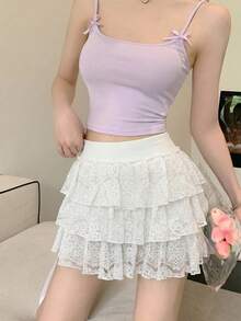 DAZY 女款蕾絲休閒可愛百褶韓風裙 夏季度假 白色校園風 - 白色 - 查看 3