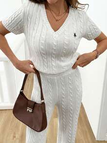 EURMUSE Women's Cable Knit Co-Ords Set - V-Neck Short-Sleeve Fitted Top With Ribbed Trim And High-Waisted Wide-Leg Lounge Pants In Soft Ivory White And Embroidery - Putih - View 4
