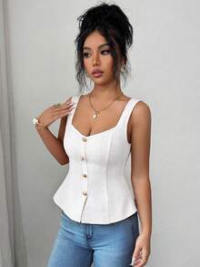 Elenzga Áo tank top nữ thời trang thanh lịch, màu trơn, cổ vuông, cài cúc phía trước, xếp ly ở eo, ôm sát, dây đeo rộng. - trắng - Xem 4