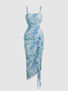 SHEIN MOD Women's Vintage Tie Dye Butterfly Print Ruched Ruffle Hem Dress, Asymmetrical Hemline Dress - Blue - View 3