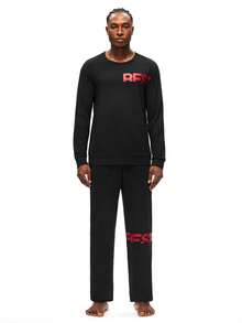 Rest Era Men's Black Pajama Set With Round Neck Long Sleeve Top,RFST Red Letter Printed Pants,Autumn Casual Gym Style Homewear For Daily Wear - Black - View 3