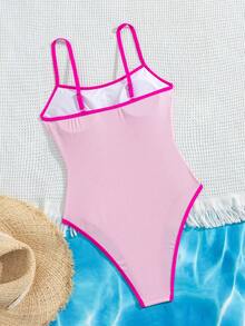 Swim Mod Spring/Summer New European & American Style One-Piece Sexy Three-Point High-Cut Triangle Bikini Set, Solid Light Pink Textured Fabric With Contrast Fuchsia Trim, Small Chest Push-Up Double Shoulder Straps, Sweet Fresh Slimming Swimsuit For Women & Girls, Hot Spring Beach Vacation Birthday Party - Pink - View 4
