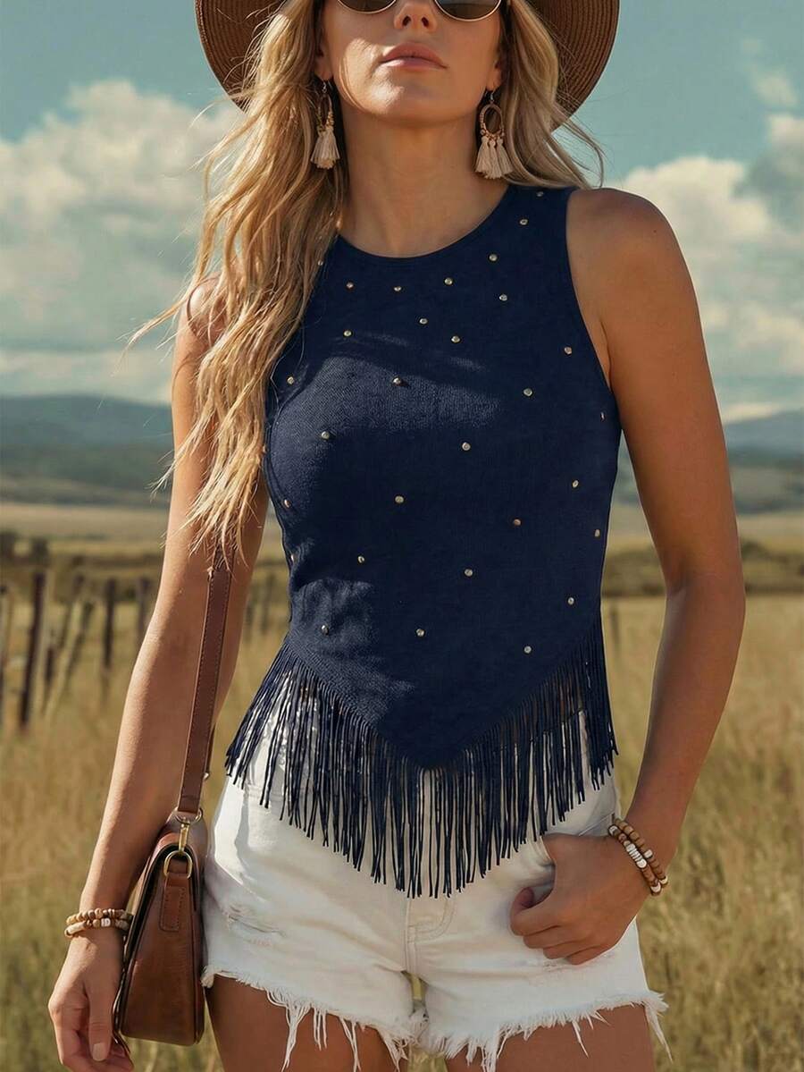Wildy Áo croptop đen đính tua rua phong cách BOHO mùa hè, thích hợp cho lễ hội âm nhạc miền Tây, kỳ nghỉ hè, buổi hòa nhạc kiểu châu Âu, tiệc tùng dành cho nữ. - Màu xanh hải quân - Xem 1