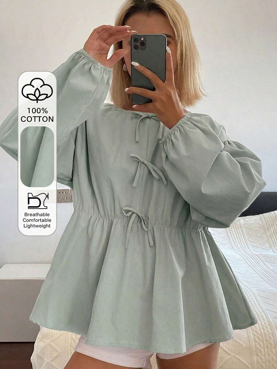 DAZY Blus Longgar Wanita dengan Kerah Bulat dan Pita - Hijau - View 1