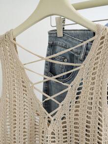 Franclia Women's Solid Color Hollow Out Backless Knit Fashion Vest Tank Top - Khaki - View 3