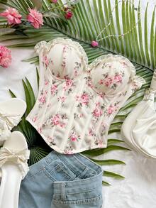 Soleia 女款春夏浪漫度假風雛菊刺繡紋理印花3D花卉裝飾抹胸上衣，休閒約會情人節下午茶海灘郵輪公路旅行城市度假音樂節派對波希米亞嬉皮西式風格，可作內搭或外穿，無墊肩 - 淺粉色 - 查看 7