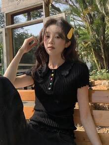 DAZY 女款純色休閒百搭日常出行短袖T恤 度假夏季 - 黑色 - 查看 6