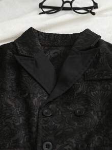 4 Stücke elegantes Gentleman-Anzugset für Babys: Beinhaltet gestricktes weißes Langarmhemd mit Fliege, V-Ausschnitt einreihige Weste, schwarzer Jacquard-Revers-Doppelreiher Langarmblazer und elastische Hose, geeignet für Geburtstagsfeier, Abendessen, Hochzeit, Taufe, erste Geburtstagsfeier, Klavier-, Violinenaufführung - Schwarz - Übersicht 4