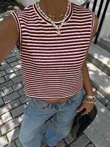Siren Gaze Tank Top Wanita Minimalis Kasual Bergaris Merah Marun Cocok untuk Musim Panas - Burgundy - View 1