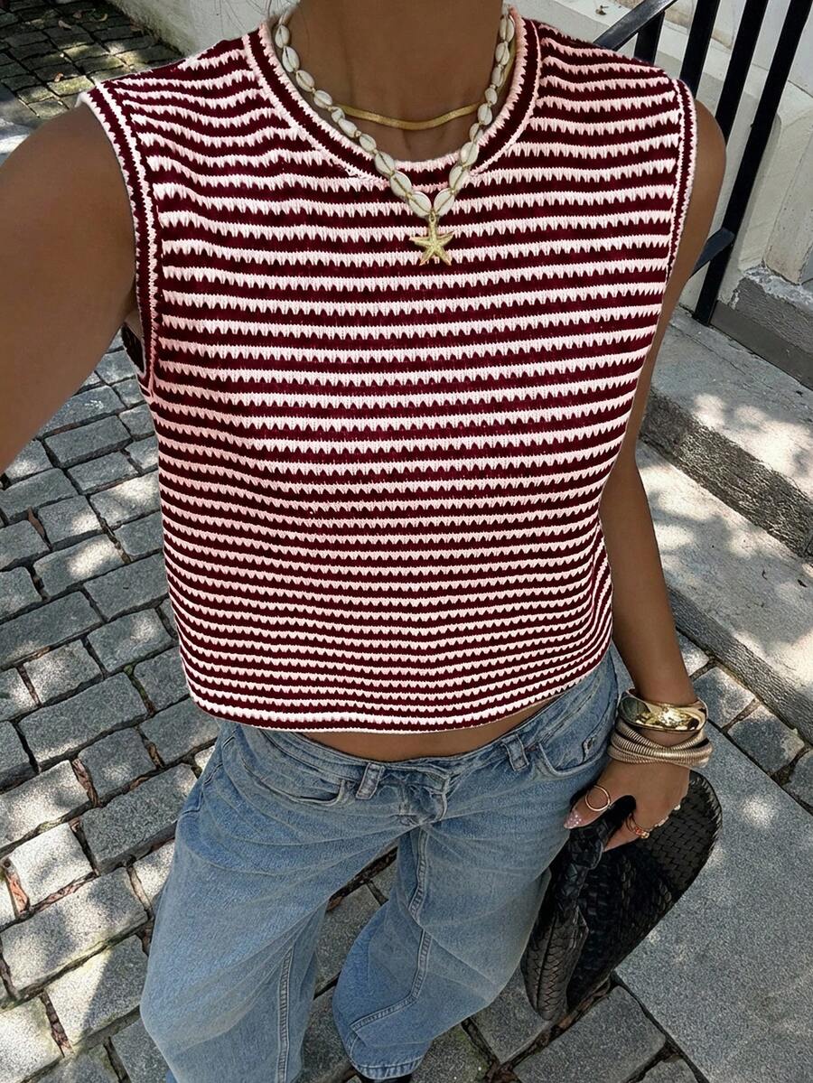 Siren Gaze Tank Top Wanita Minimalis Kasual Bergaris Merah Marun Cocok untuk Musim Panas - Burgundy - View 1