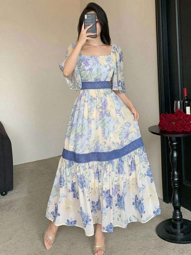 Contrast Color Lace All-Over Floral Women's Midi Dress
