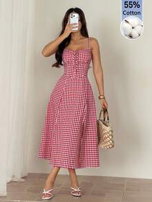 SHEIN PETITE 女款格紋肩帶中長洋裝，時尚適合夏季，適用新年、聖誕、度假、休閒、海灘、情人節、假日度假村，小碼女款 - 紅白色 - 查看 1