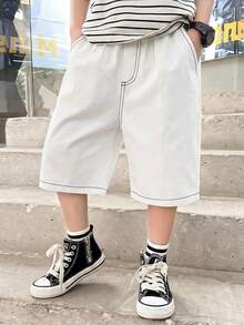 Pantalones cortos de tejido casual de unicolor holgado y pierna recta para niños preadolescentes - Blanco - Ver 3