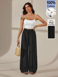 SHEIN Tall 女款純色休閒直筒長褲 冬季黑色 春季 高個女性適用 - 黑色 - 查看 4