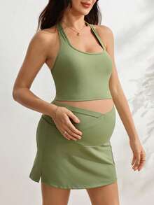 SHEIN Setelan Olahraga Hamil Atasan Tank Top Halter dan Rok Celana Pendek Warna Polos Hijau Sage untuk Pemotretan Musim Panas dan Kerja - Hijau - View 4