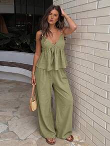 Siren Gaze Women's Solid Color Ruffle Hem Camisole Top And Pants 2 Pieces Set - Olive Green - View 14