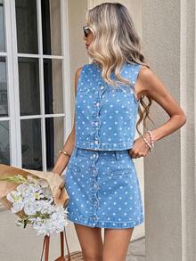Serisse Women's Polka Dot Print Vest & Denim Skirt Set, Summer Outfits, Holiday, Commuter, Casual, Elegant Set, Birthday Set, Blue Polka Dot Set For Lady. - Black - View 3