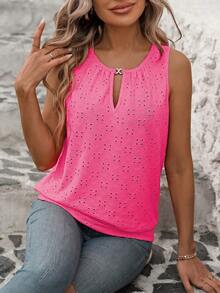 Vaclyn Women's Vacation Hollow Design Keyhole Neckline Casual Tank Top - Hot Pink - View 3