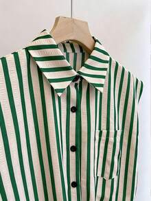 Resyla Striped Collar Cinched Waist Shirt - Green - View 4