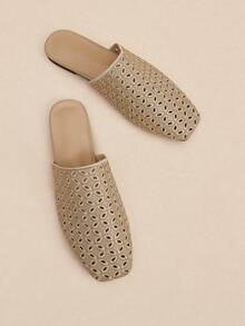 Rosivie Zapatos planos para mujer de moda nueva con tejido calado, punta cerrada cuadrada, sin cordones y suela dorada - Oro 1 - Ver 5