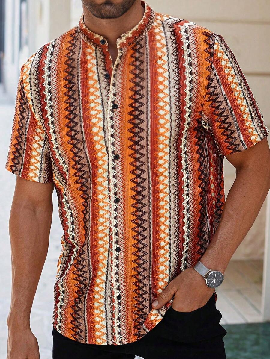 Rafferiza Men's Burnt Orange Boho Patterned Knit Short Sleeve Shirt,Summer Beach Holiday,Vintage Button-Front Casual Resort Wear For Men And Women,Holiday Gift - Multicolor - View 1