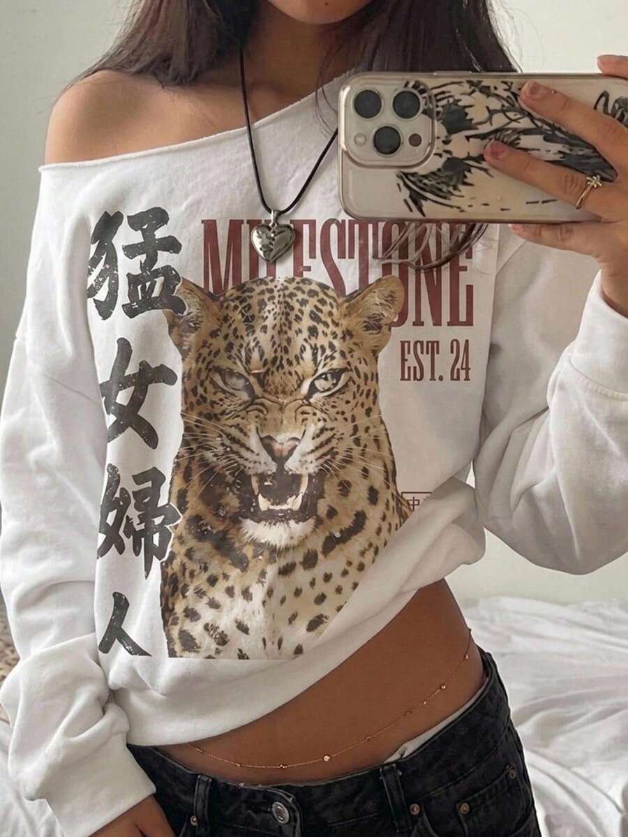 SHEIN EZwear Áo nỉ dài tay trễ vai oversized màu trắng họa tiết hổ phong cách retro Y2K cho nữ; Lễ hội; - trắng - Xem 1