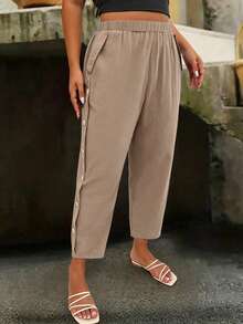 Linhara CURVE Plus Size Women's Casual Fashion Side Seam Coconut Button Decor Long Pants Fall - Khaki - View 6