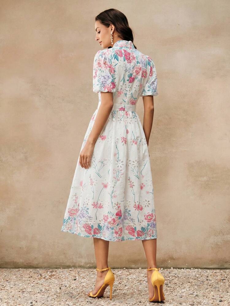 Spring/Summer White Floral Print 3D Embroidered Fabric Stand Collar Petal Sleeve Romantic Elegant Vacation Short Sleeve Women's Dress