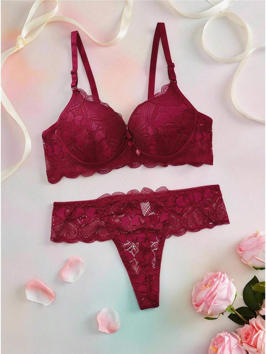 Elorette Conjunto de lencería con sujetador con aros y encaje con forma de corazón y pantie sexy - Burdeos - Ver 1