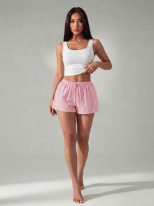 SHEIN PETITE 女款條紋低腰短褲，適合夏季度假海灘，小碼女款 - 藕粉色 - 查看 9