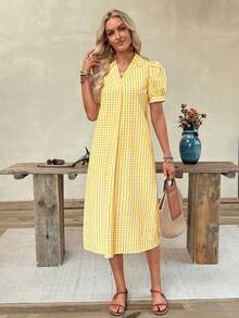 EMERY ROSE Women's Plaid Short Puff Sleeve Casual Loose Mid-Length Dress - Light Yellow - View 4