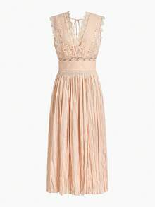 MOTF PREMIUM VESTIDO CON CUELLO EN V DE ENCAJE Y PATCHWORK, PRIMAVERA/VERANO - Sugar Pink - Ver 2